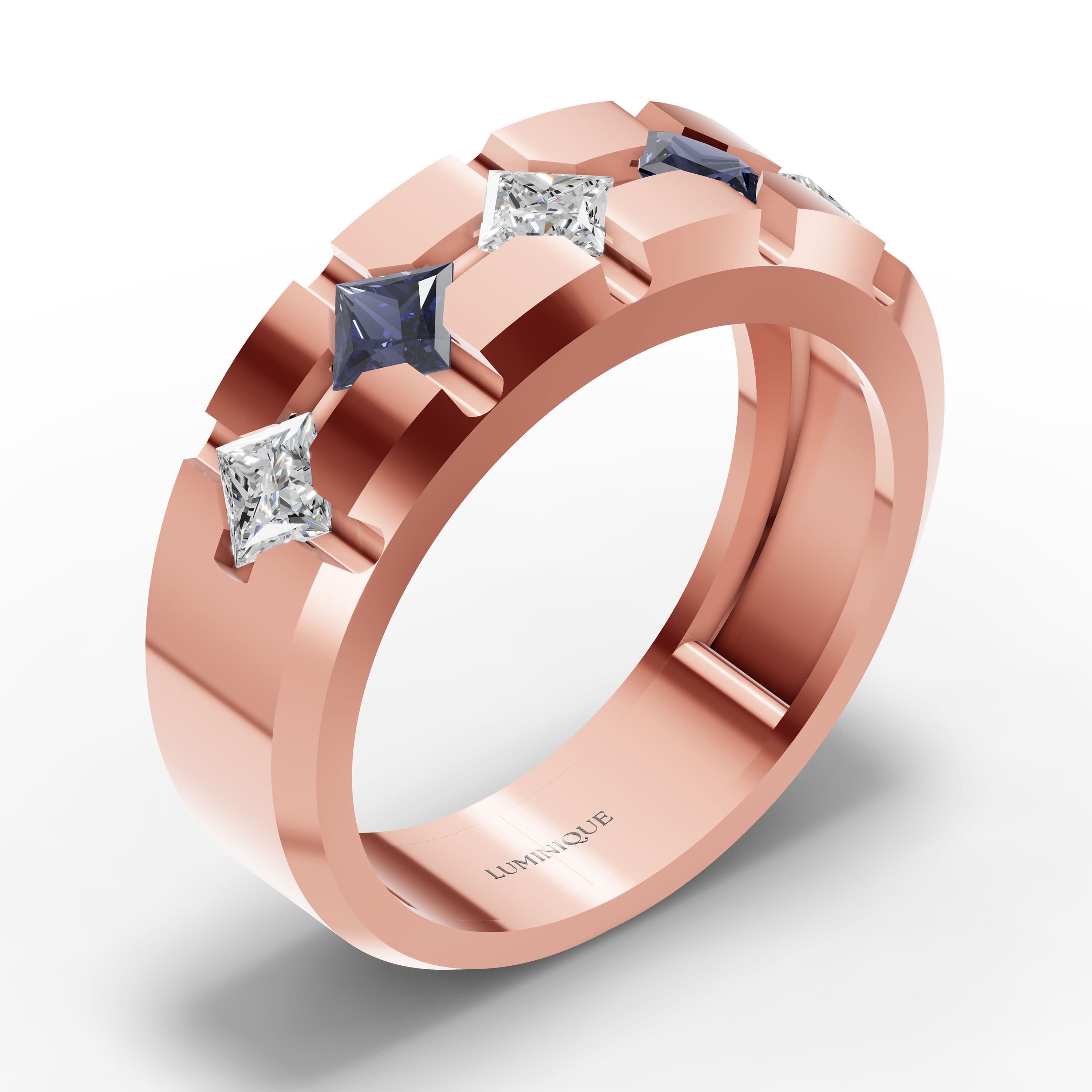 Helm Sapphire Eternity Band in rose gold with lab grown diamonds and blue sapphire, view 3