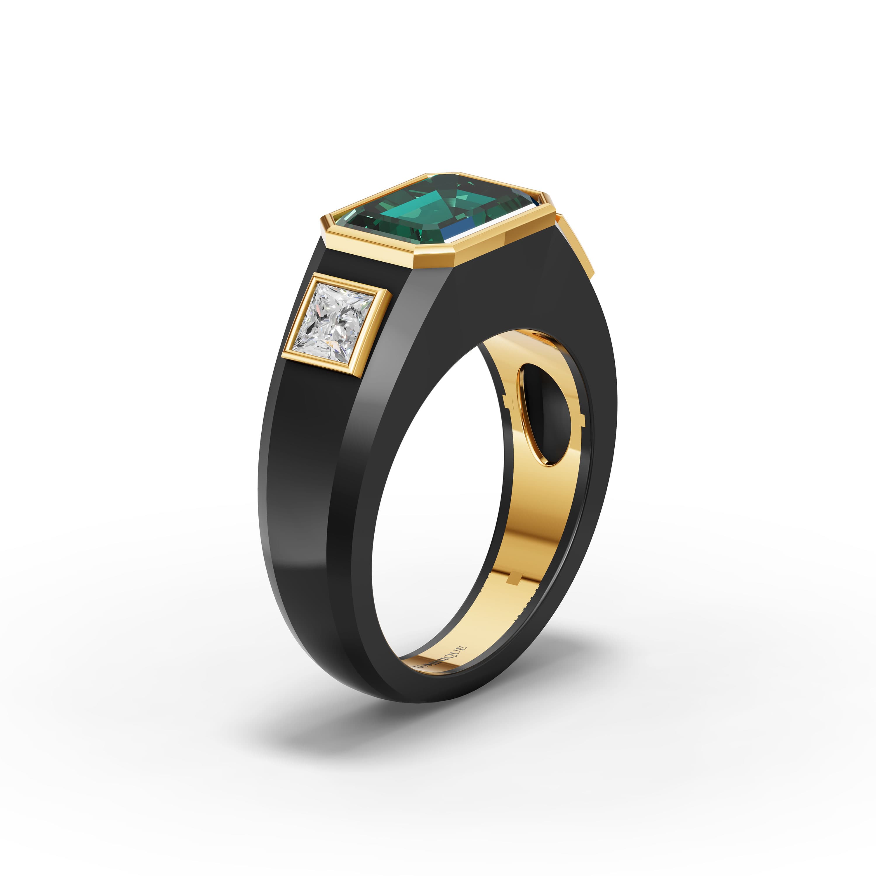Daphne Emerald Three Stone Ring in yellow gold with lab grown diamonds and emerald, view 3