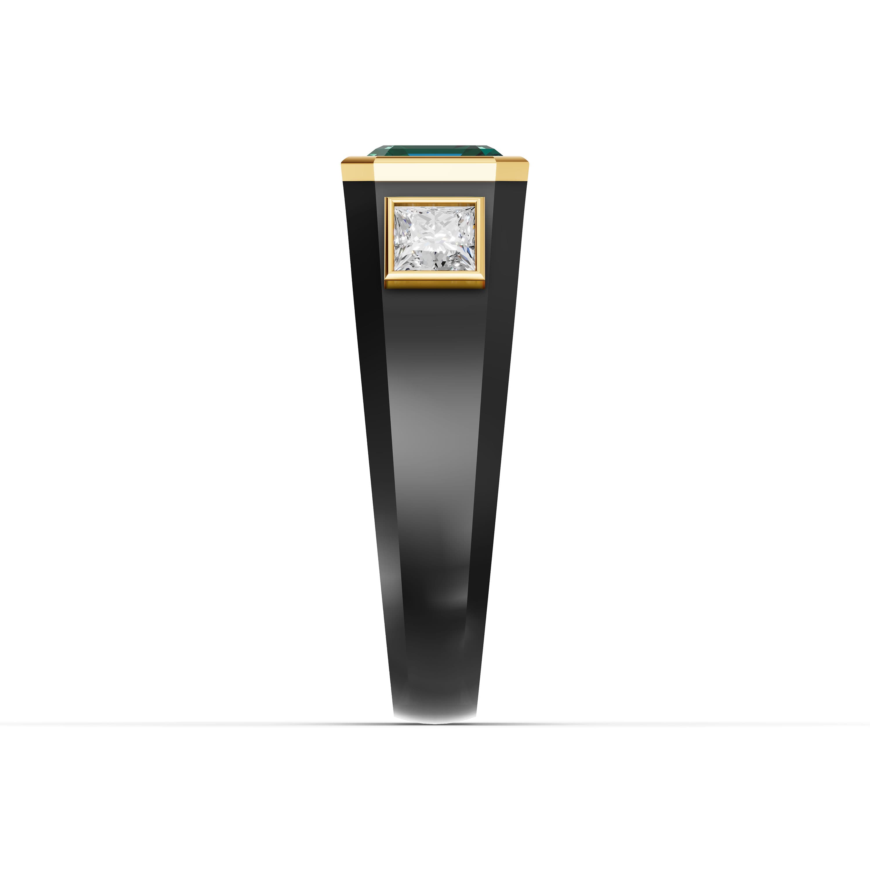 Daphne Emerald Three Stone Ring in yellow gold with lab grown diamonds and emerald, view 5