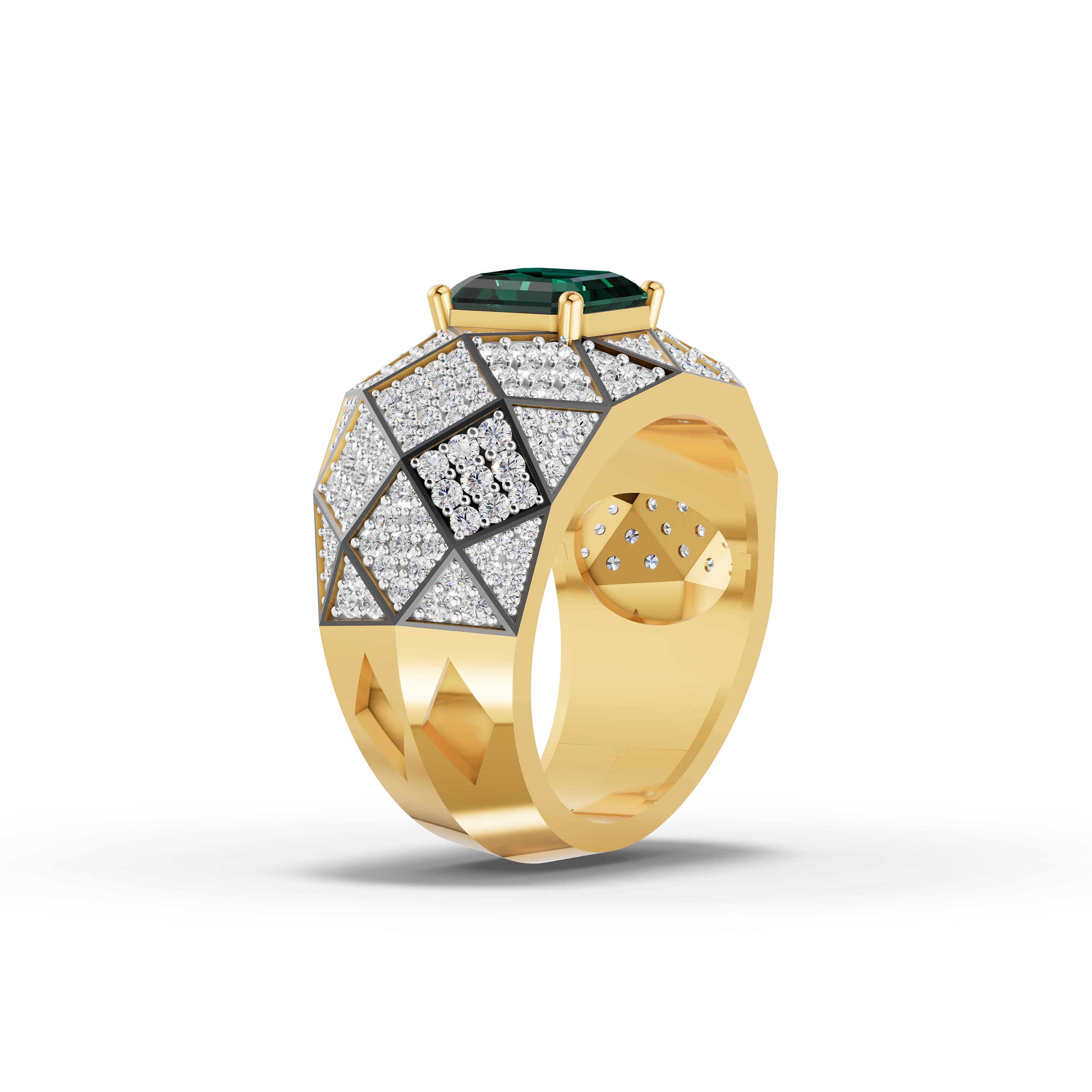 Marigold Halo Cocktail Ring in yellow gold with lab grown diamonds and emerald, view 3
