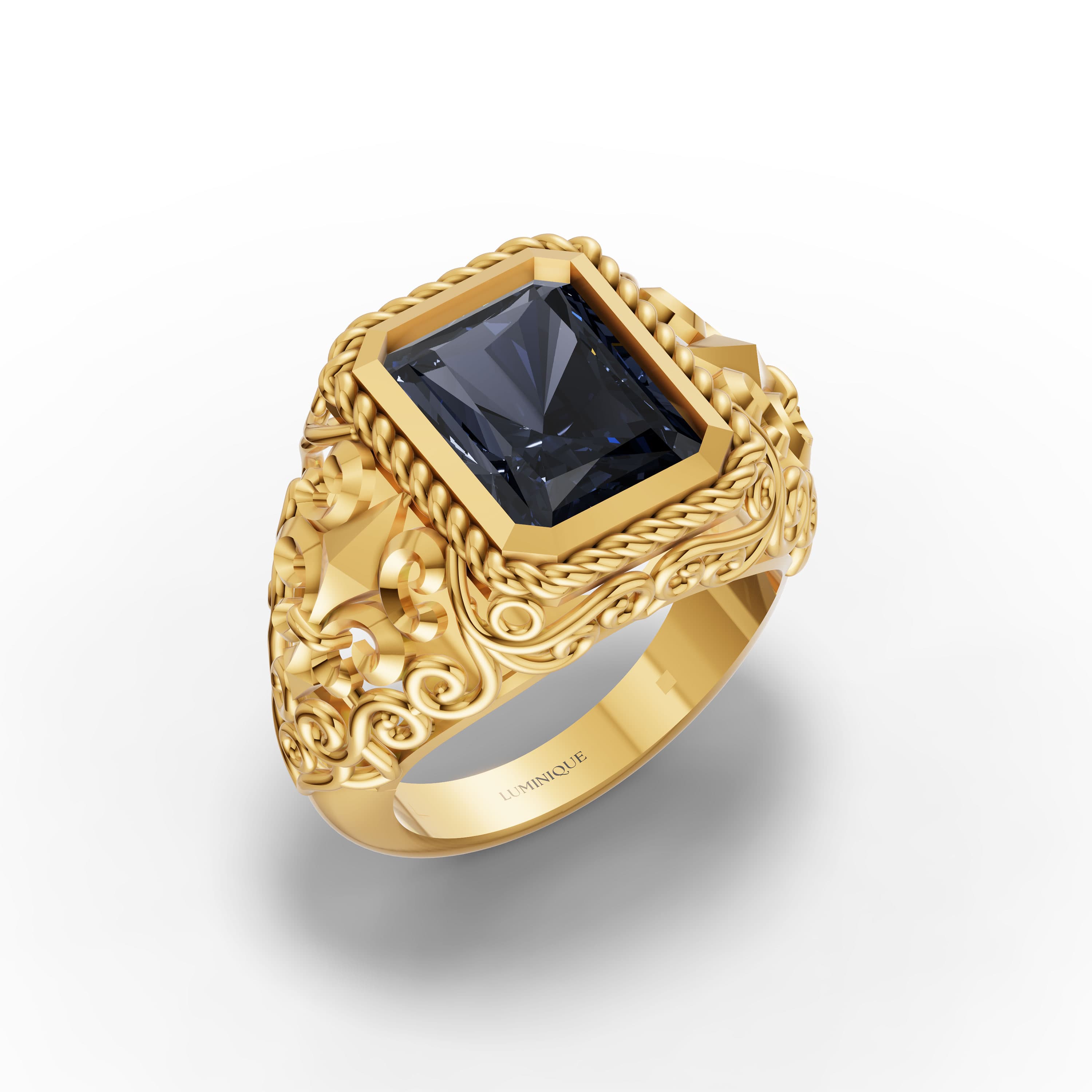 Noble Radiant Statement Ring in yellow gold with lab grown stones and blue sapphire, view 3