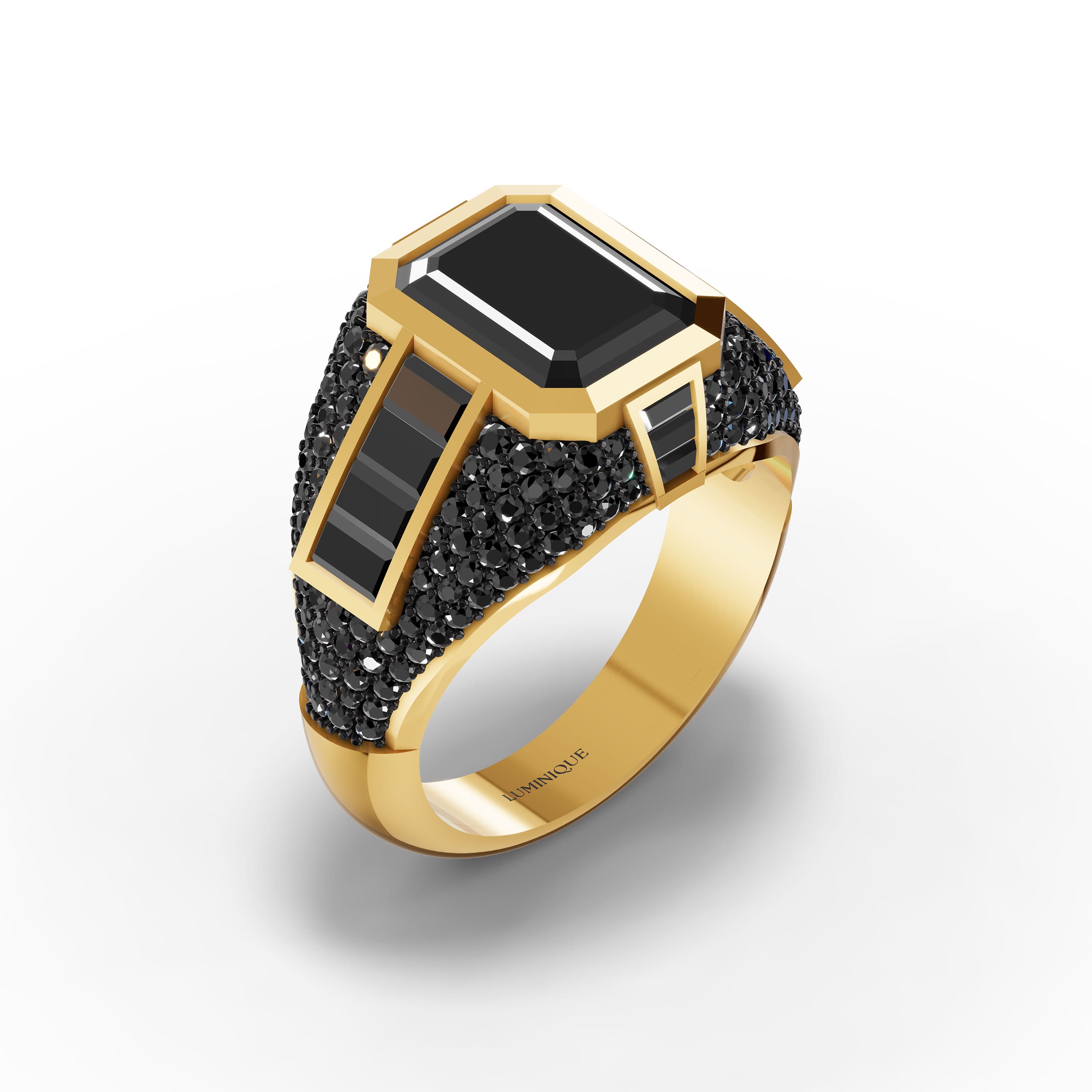 Stanton Emerald Men's Ring in yellow gold with lab grown stones and black onyx, view 3