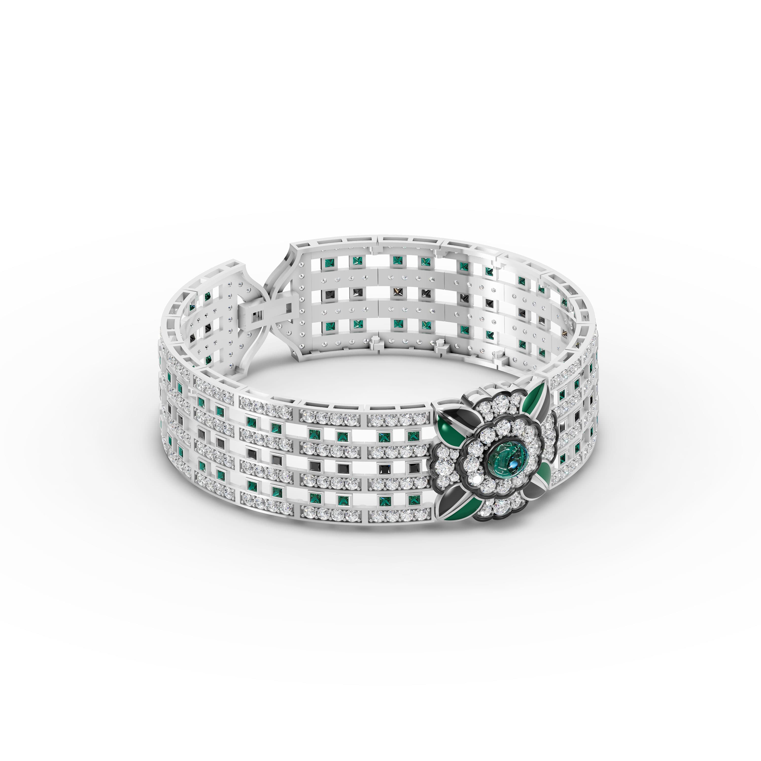 Violaine Emerald Medallion Bracelet in white gold with lab grown diamonds and emerald, view 3