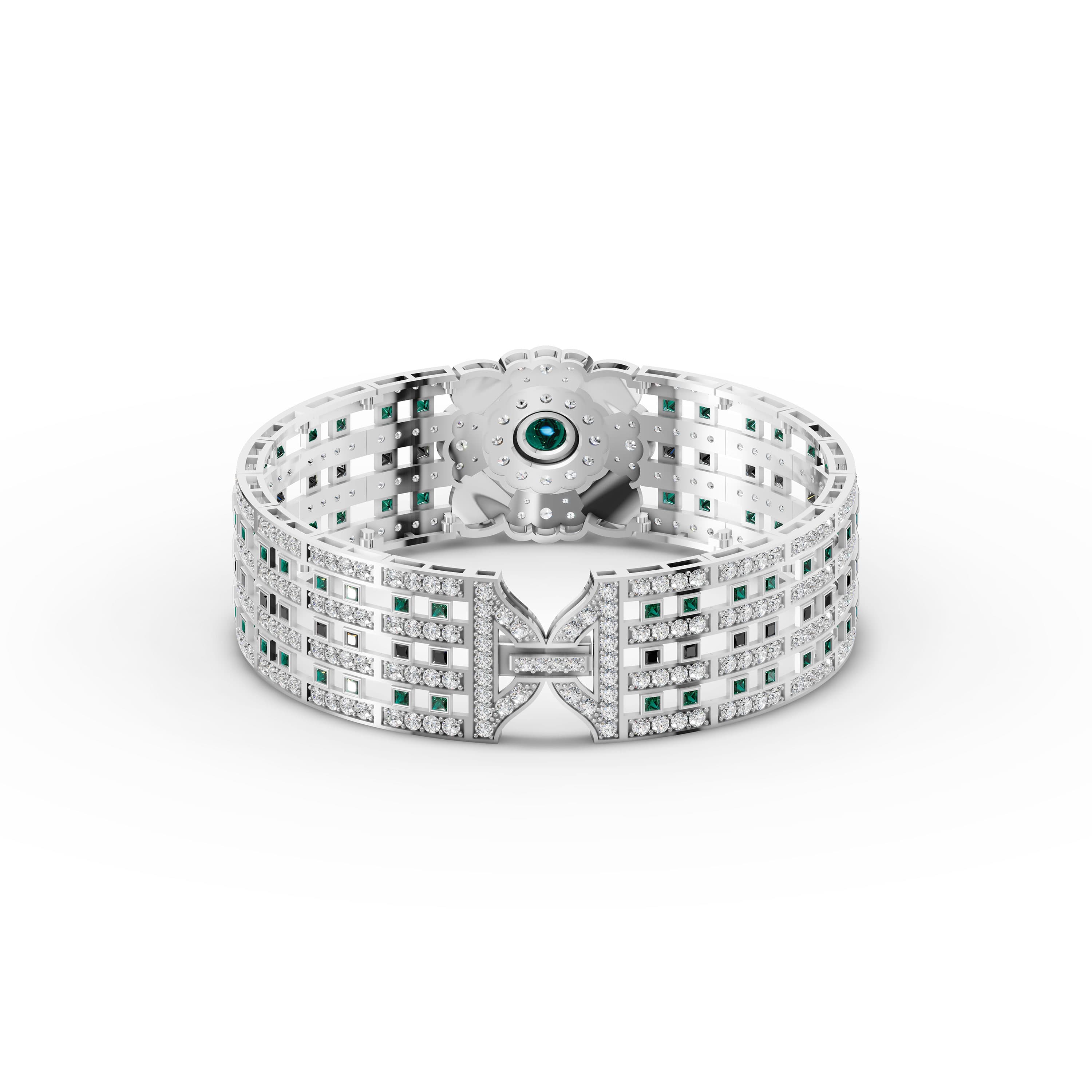 Violaine Emerald Medallion Bracelet in white gold with lab grown diamonds and emerald, view 4