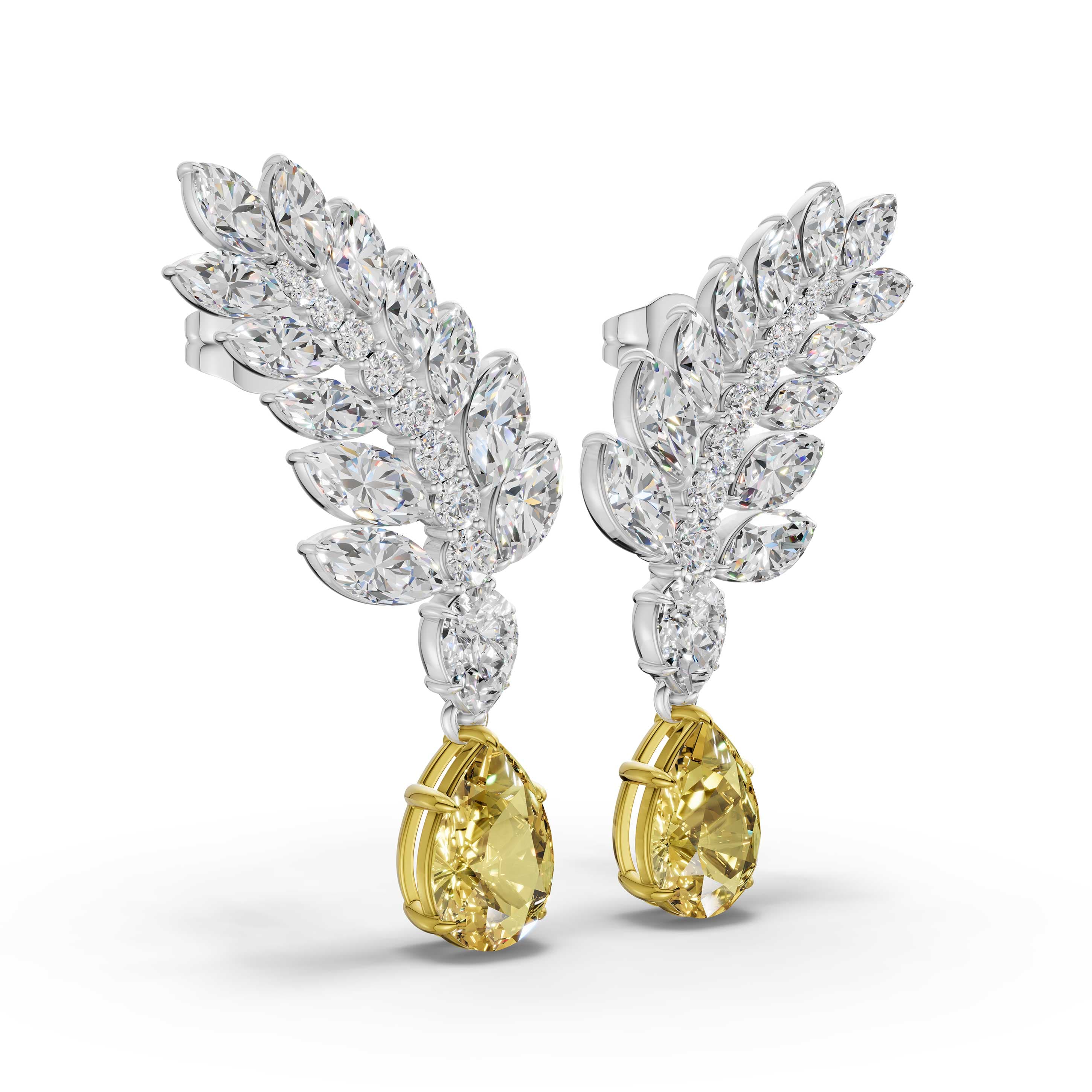 Astral Yellow Drop Earrings in white gold with lab grown diamonds and yellow lab grown diamond, view 3