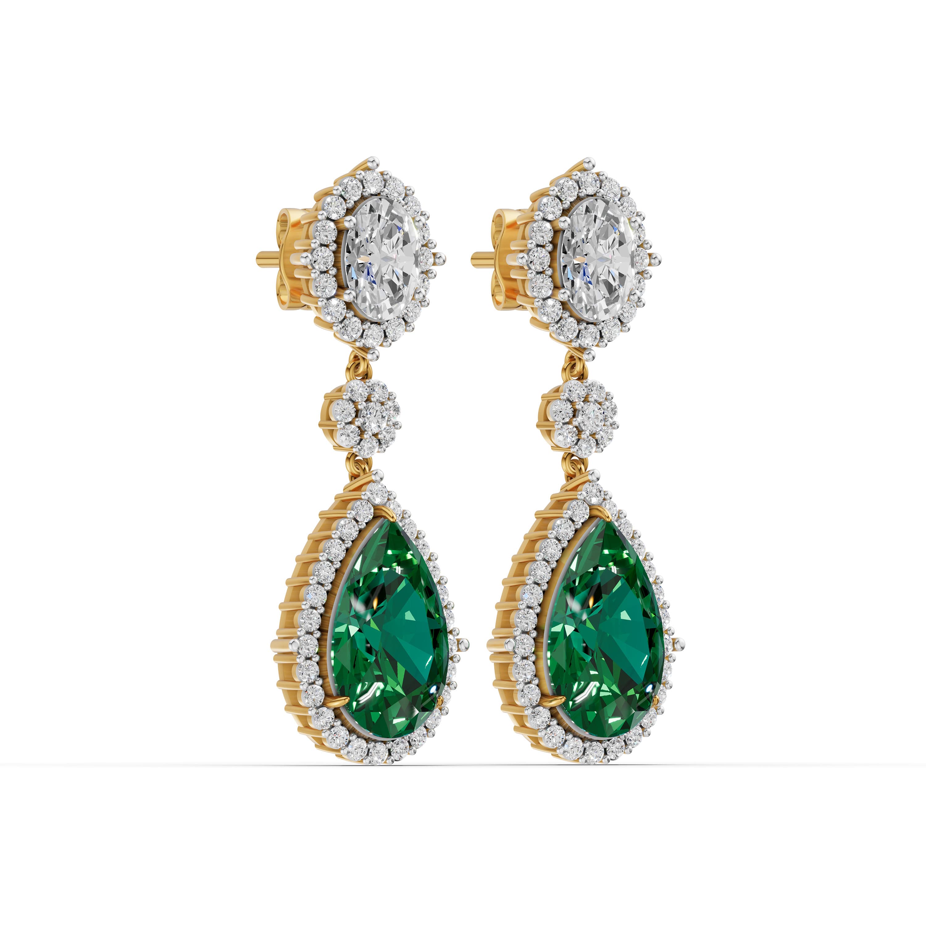 Twirl Drop Earrings in yellow gold with lab grown diamonds and emerald, view 3