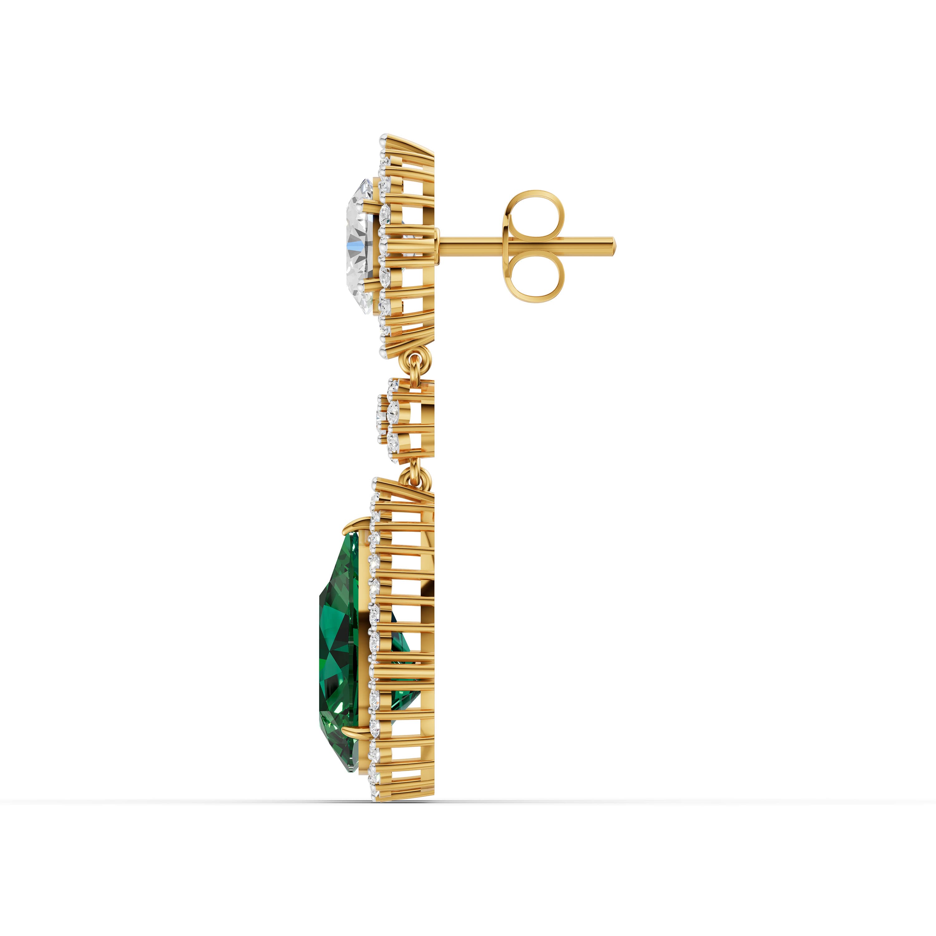 Twirl Drop Earrings in yellow gold with lab grown diamonds and emerald, view 4