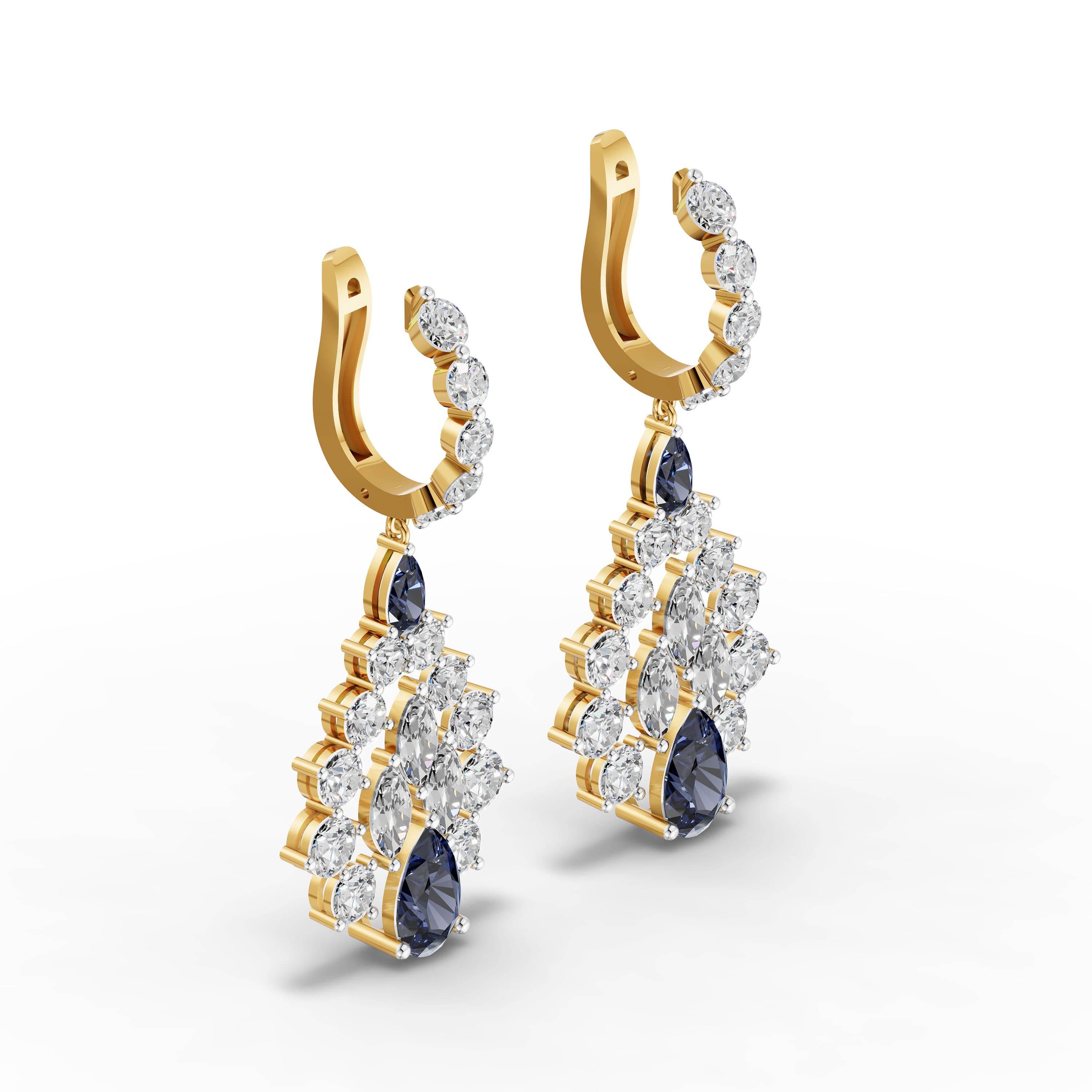 Cadenza Round Drop Earrings in yellow gold with lab grown diamonds and blue sapphire, view 3
