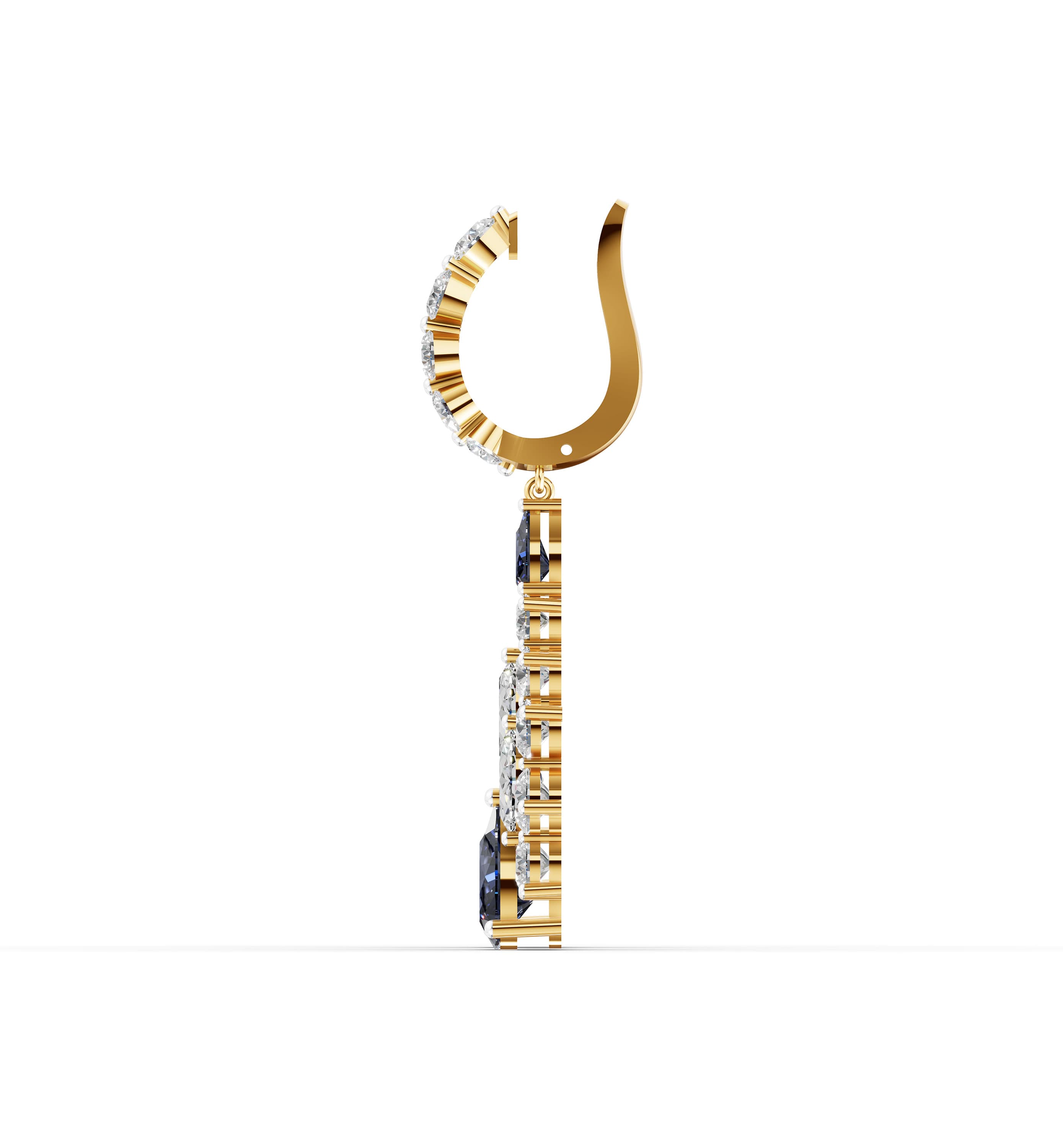 Cadenza Round Drop Earrings in yellow gold with lab grown diamonds and blue sapphire, view 4