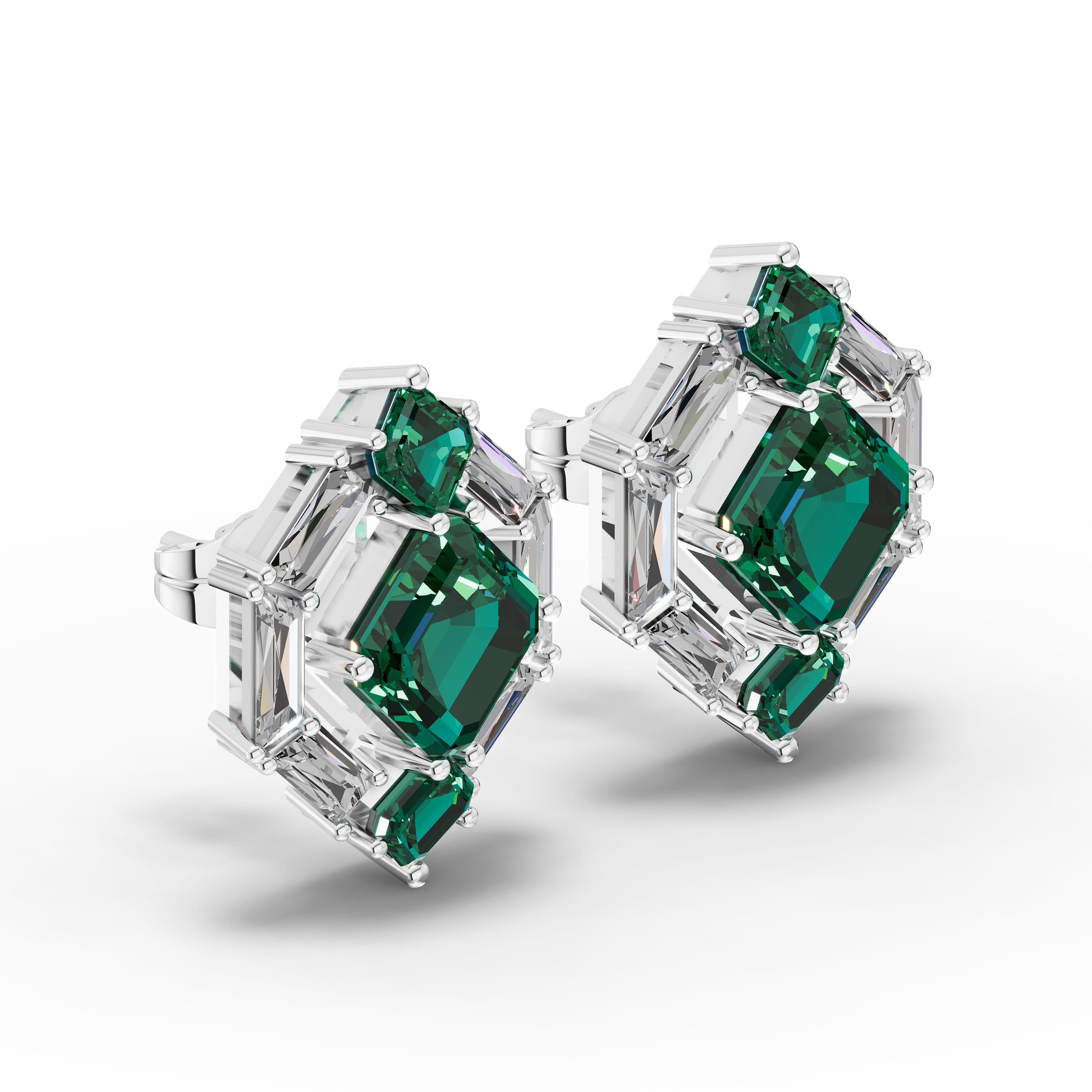 Bastion Baguette Earrings in white gold with lab grown diamonds and emerald, view 3