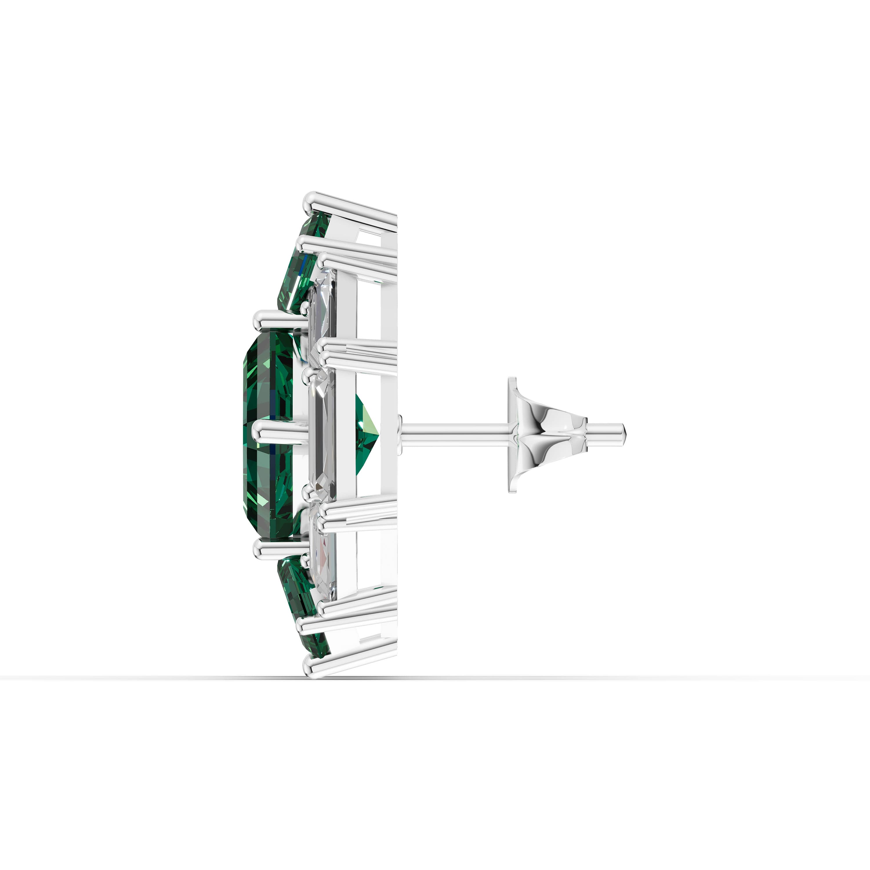 Bastion Baguette Earrings in white gold with lab grown diamonds and emerald, view 4