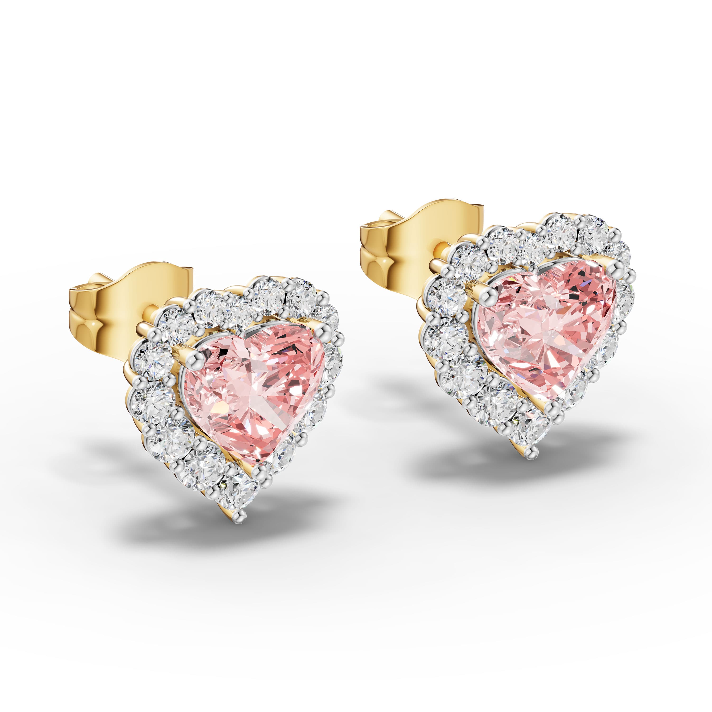 Penelle Heart Studs in yellow gold with lab grown diamonds and pink lab grown diamond, view 3