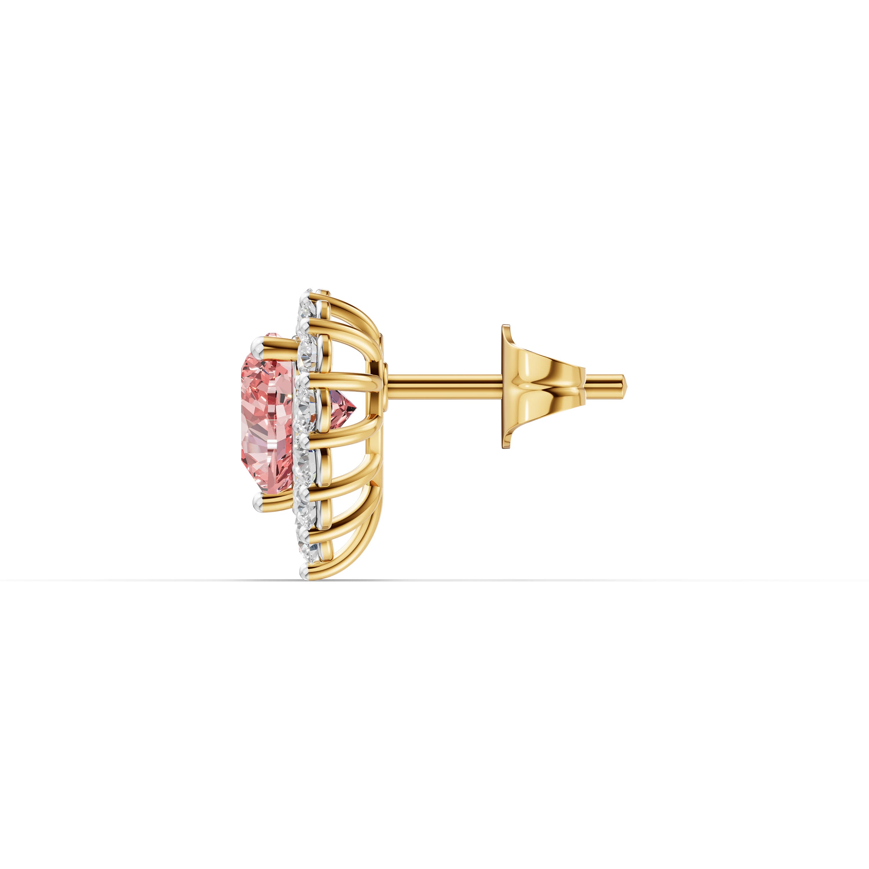 Penelle Heart Studs in yellow gold with lab grown diamonds and pink lab grown diamond, view 4