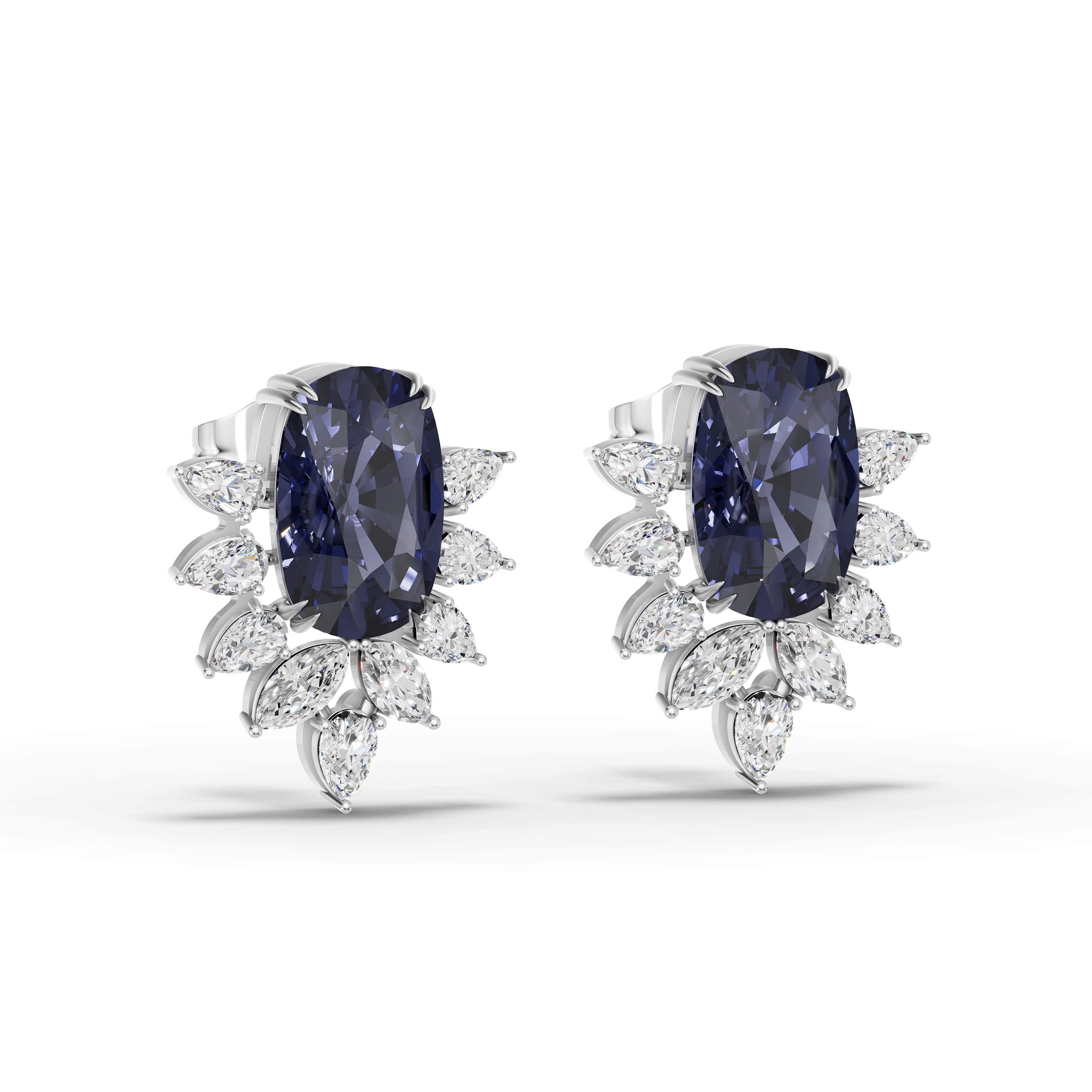 Solenne Pear Drop Earrings in white gold with lab grown diamonds and blue sapphire, view 3