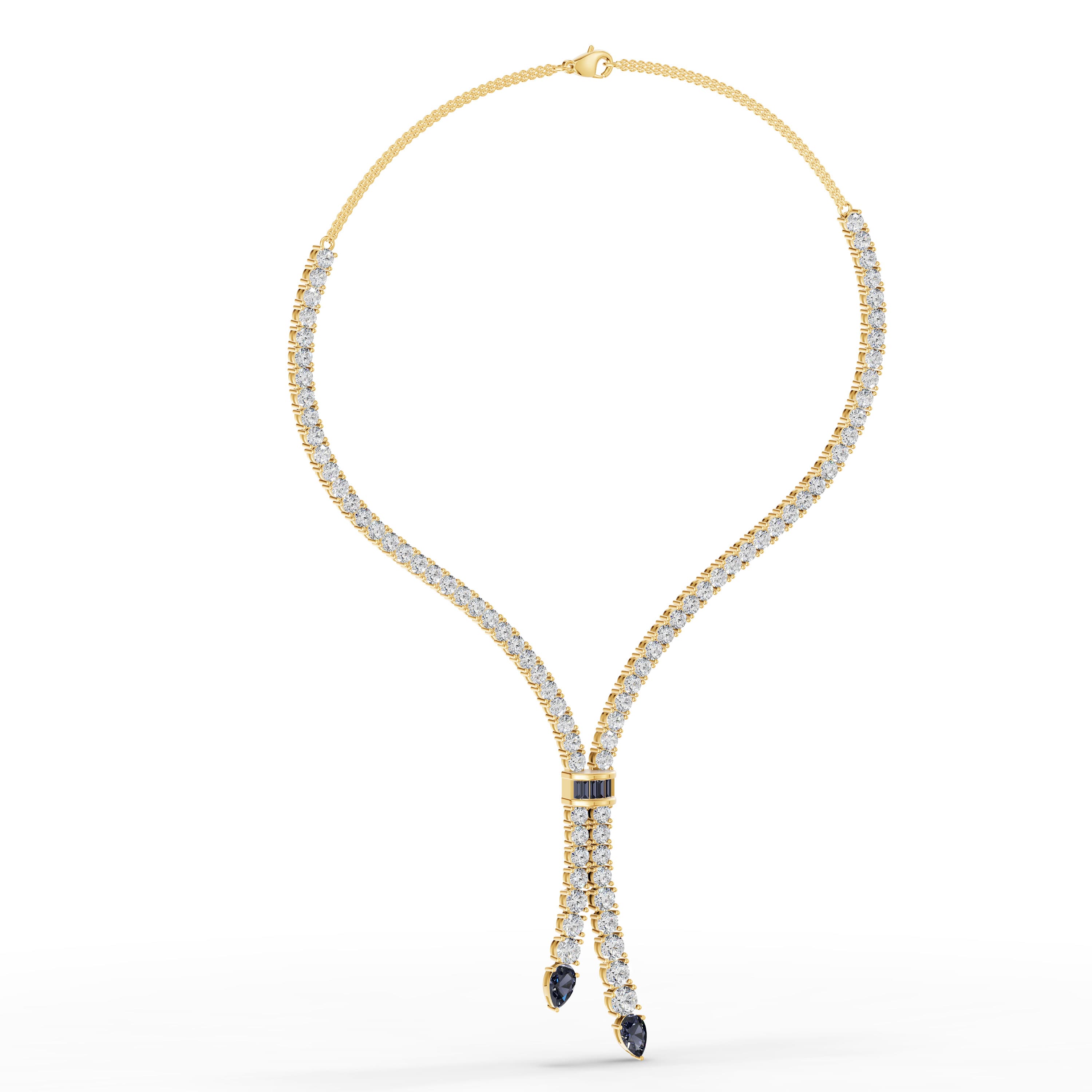 Calyssa Sapphire Cascade Necklace in yellow gold with lab grown diamonds and blue sapphire, view 3