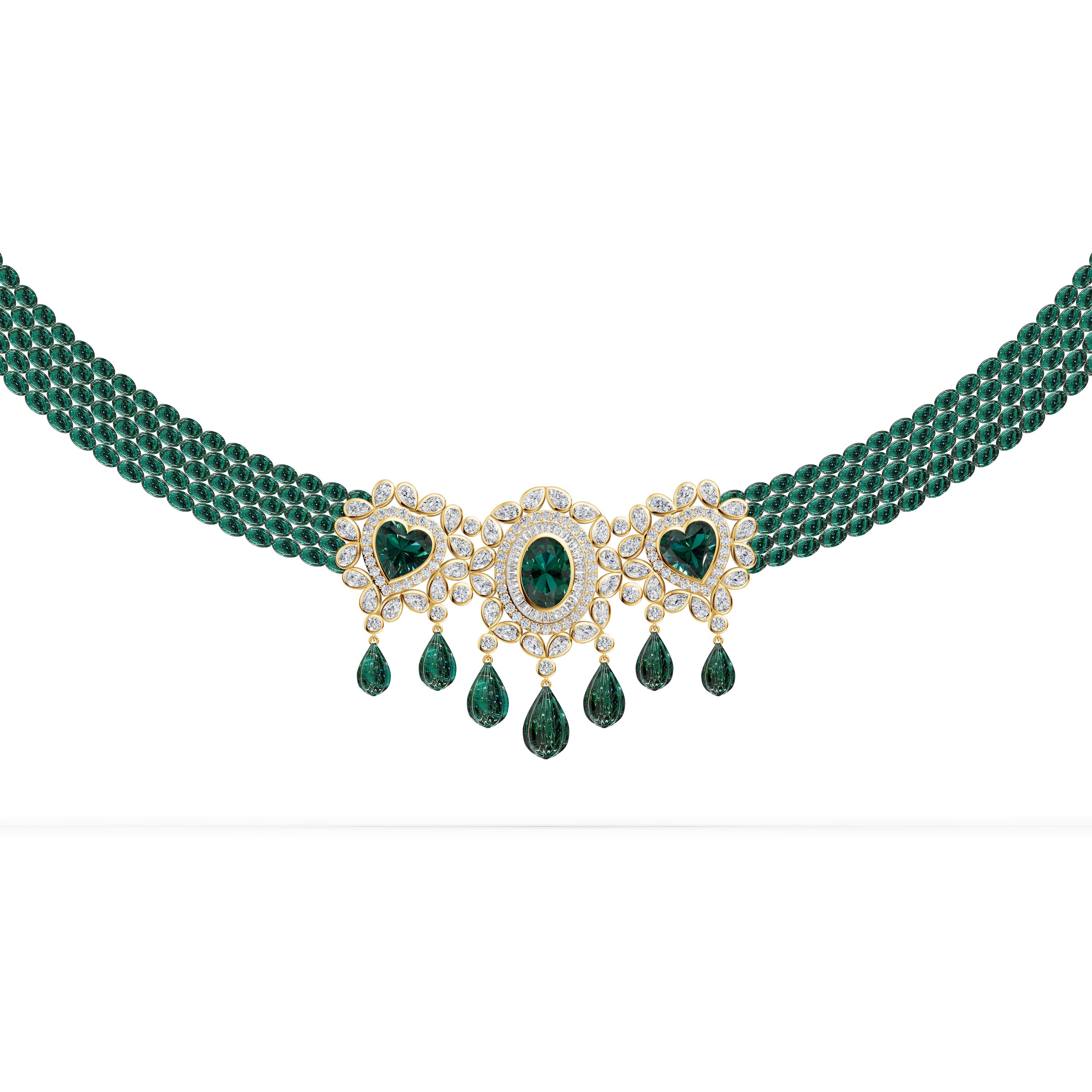 Brisa Pear Bib Necklace in yellow gold with lab grown diamonds and emerald, view 3