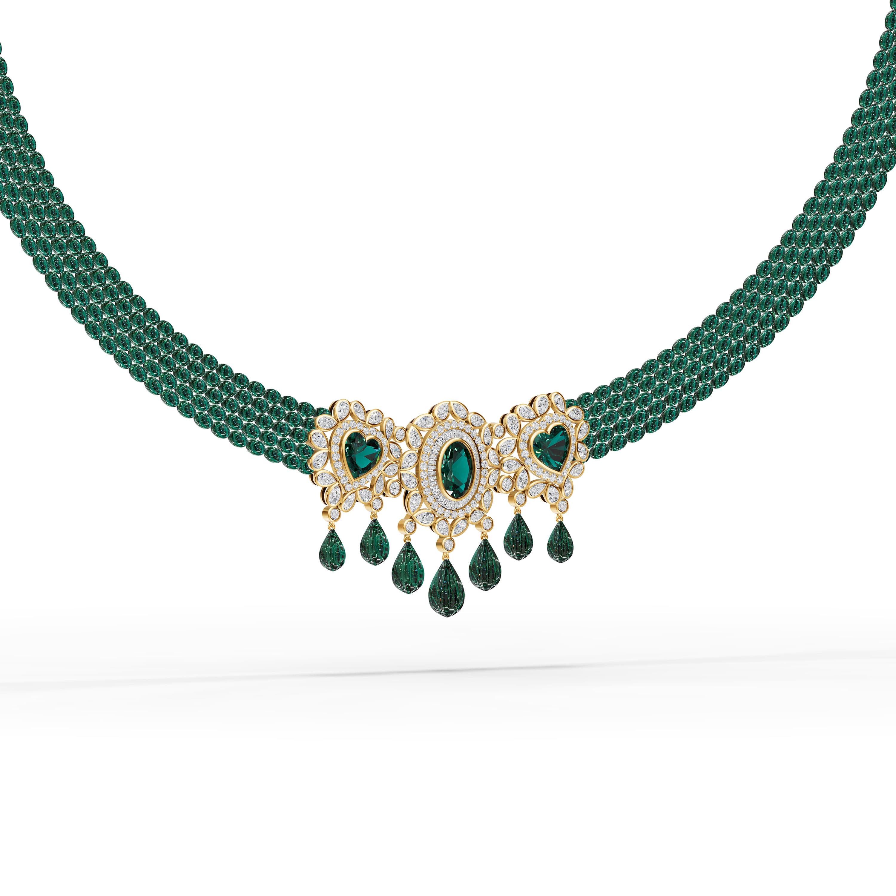 Brisa Pear Bib Necklace in yellow gold with lab grown diamonds and emerald, view 4