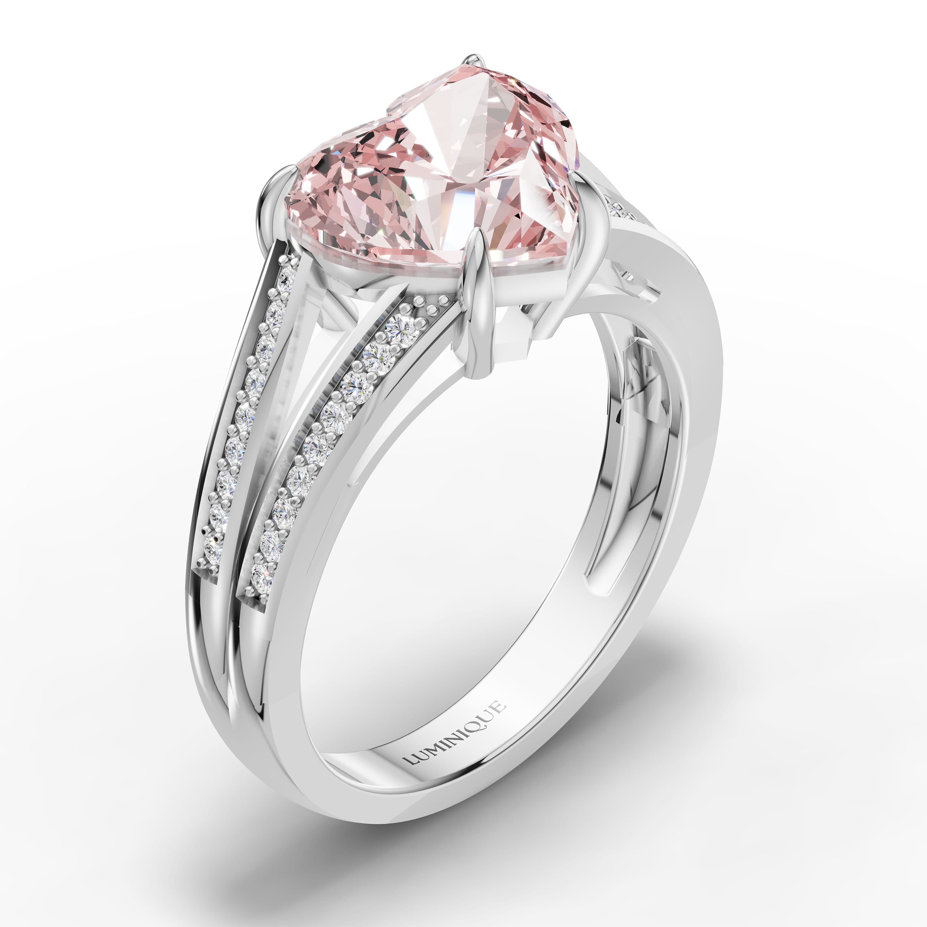 Juliette Heart Halo Ring in white gold with lab grown diamonds and pink lab grown diamond, view 2