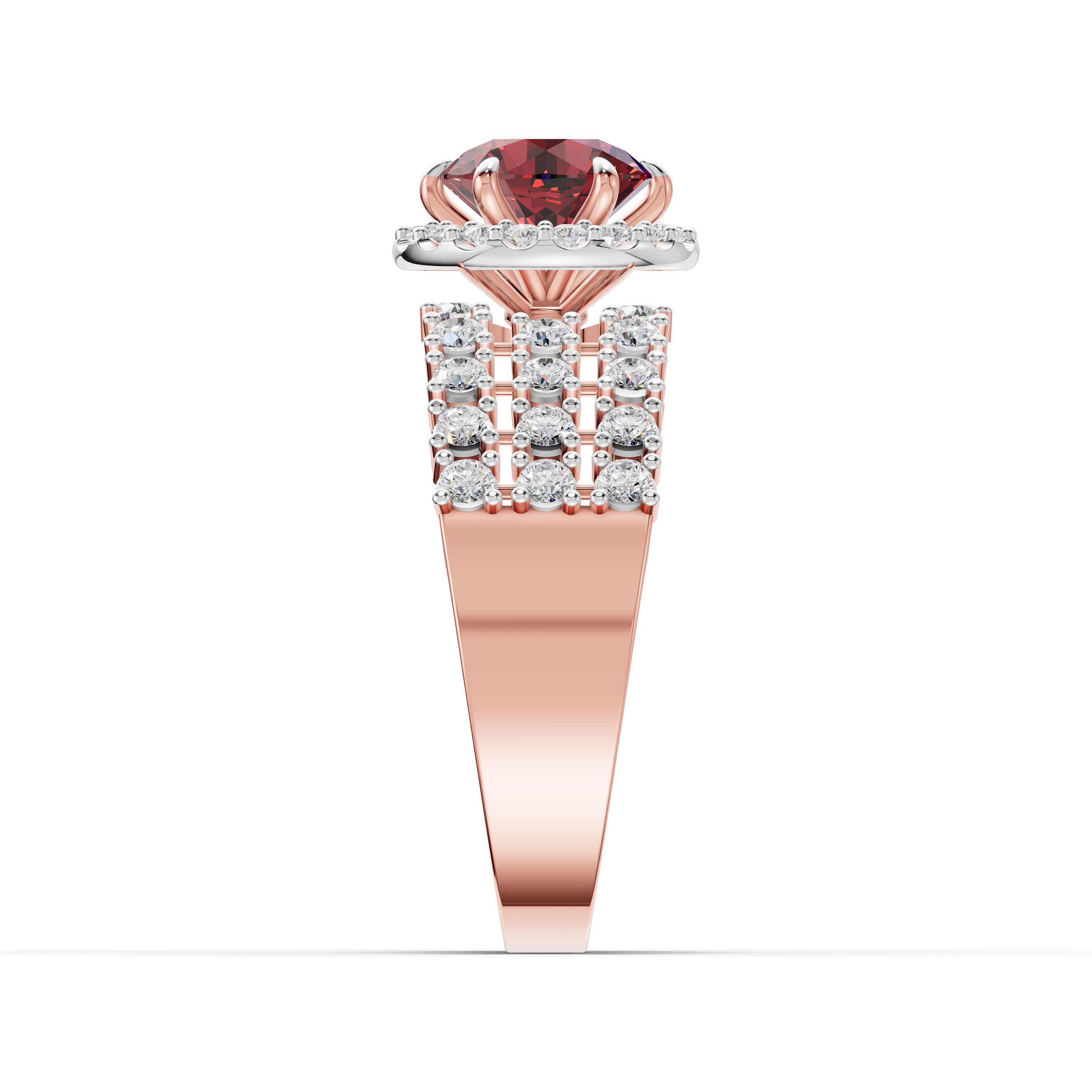 Zinnia Round Halo Ring in rose gold with lab grown diamonds and ruby, view 5