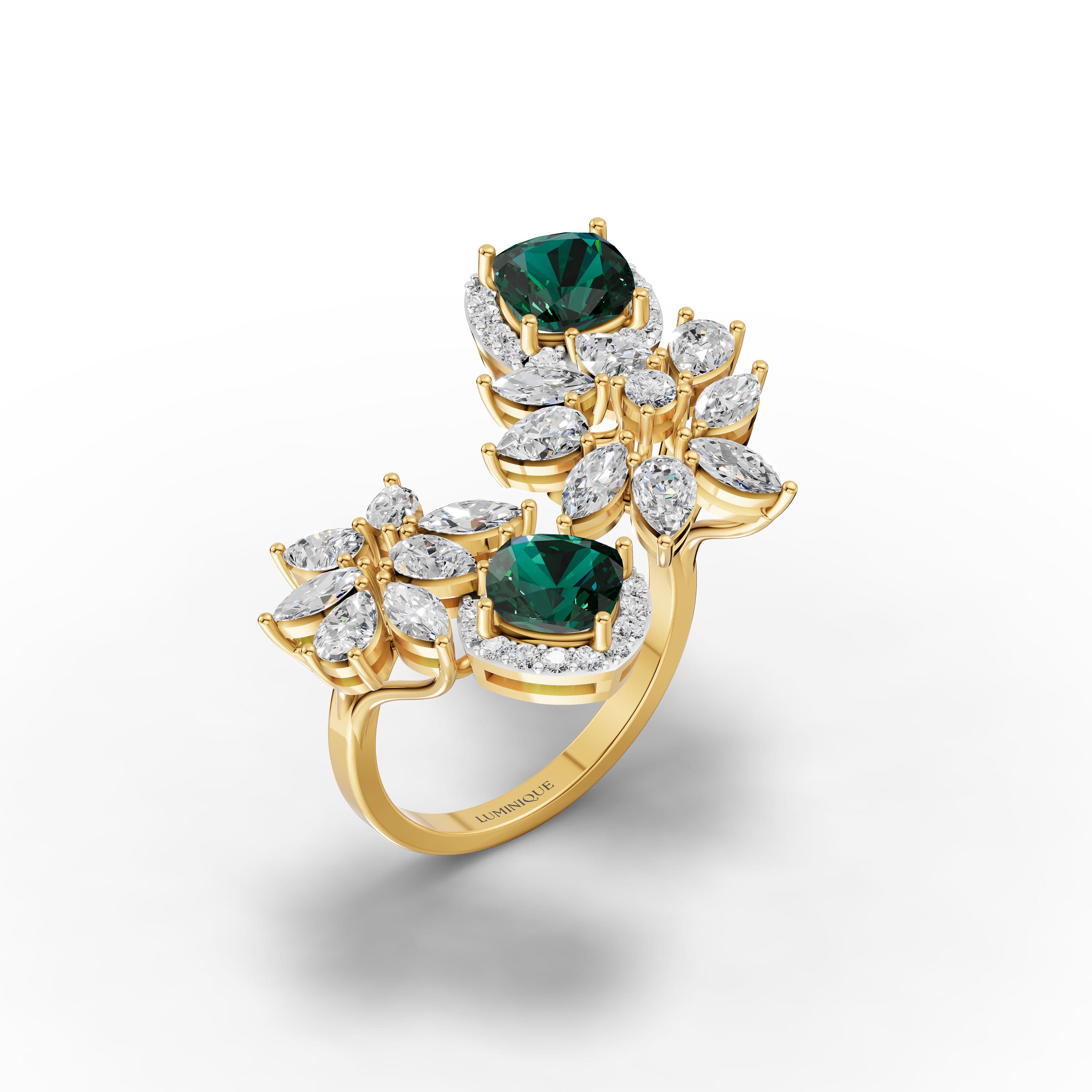 Yvonne Cushion Statement Ring in yellow gold with lab grown diamonds and emerald, view 3
