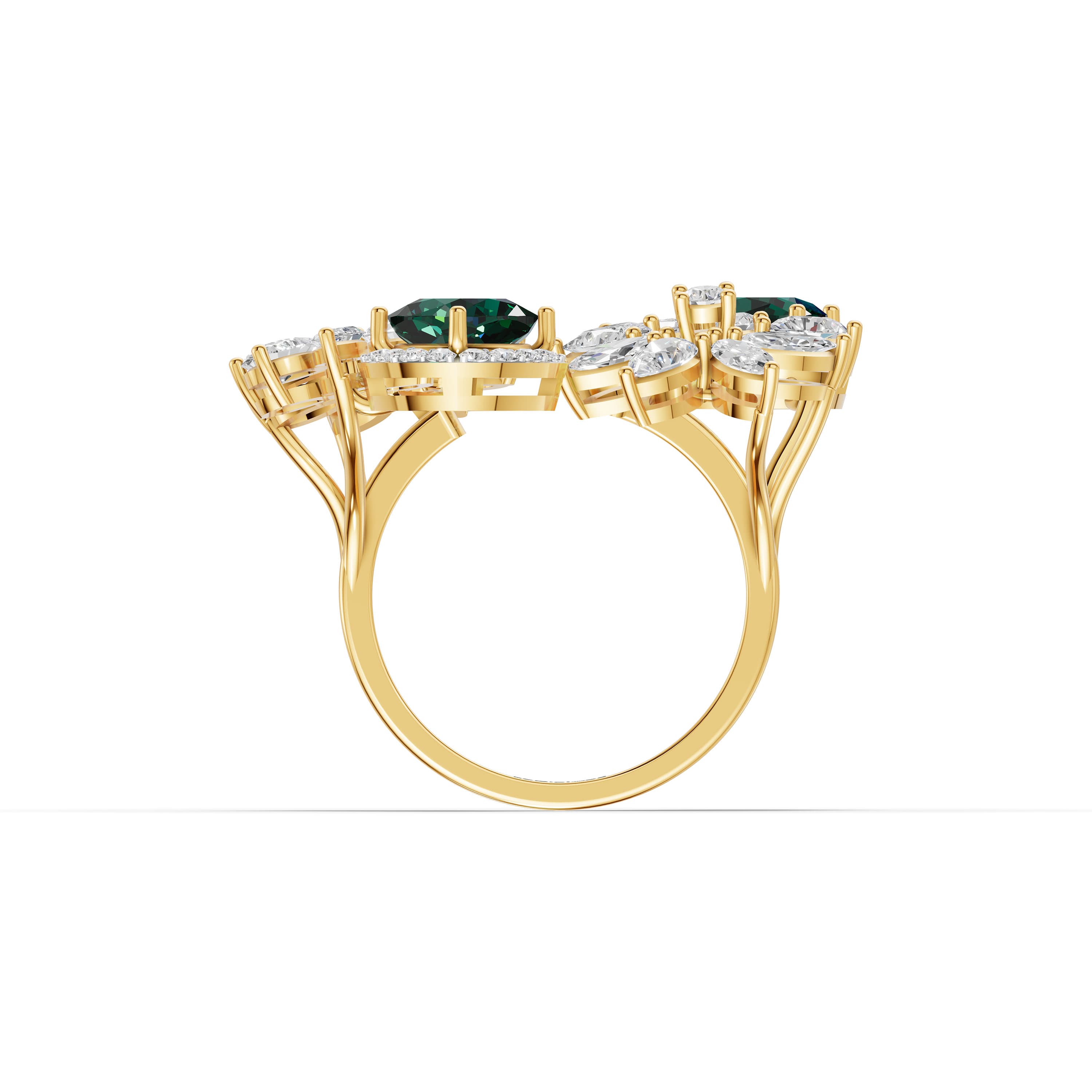 Yvonne Cushion Statement Ring in yellow gold with lab grown diamonds and emerald, view 4