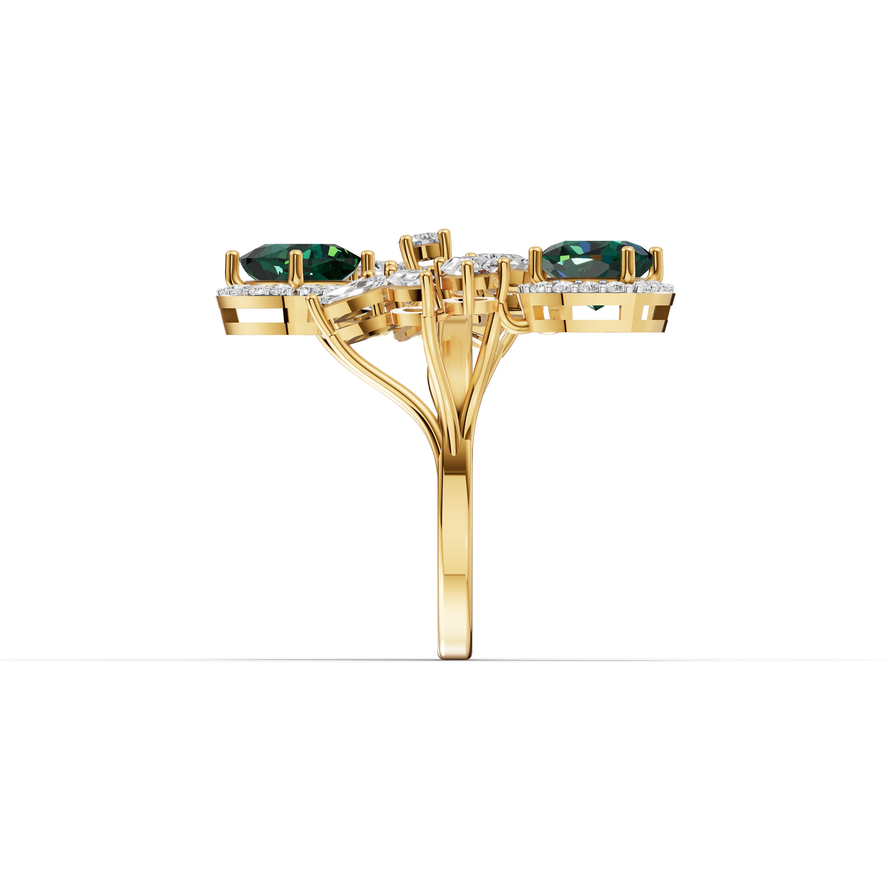 Yvonne Cushion Statement Ring in yellow gold with lab grown diamonds and emerald, view 5