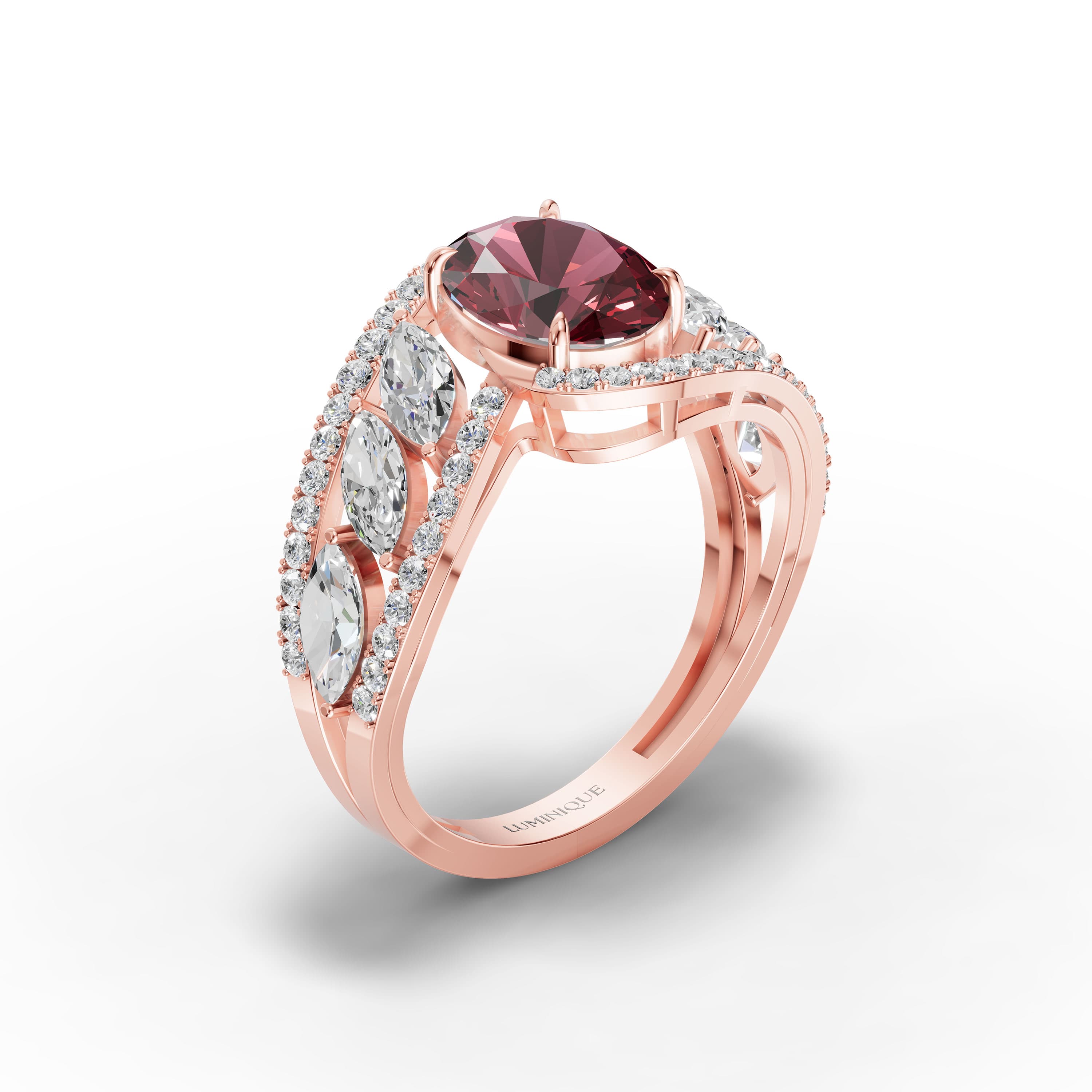 Wenna Oval Statement Ring in rose gold with lab grown diamonds and ruby, view 3