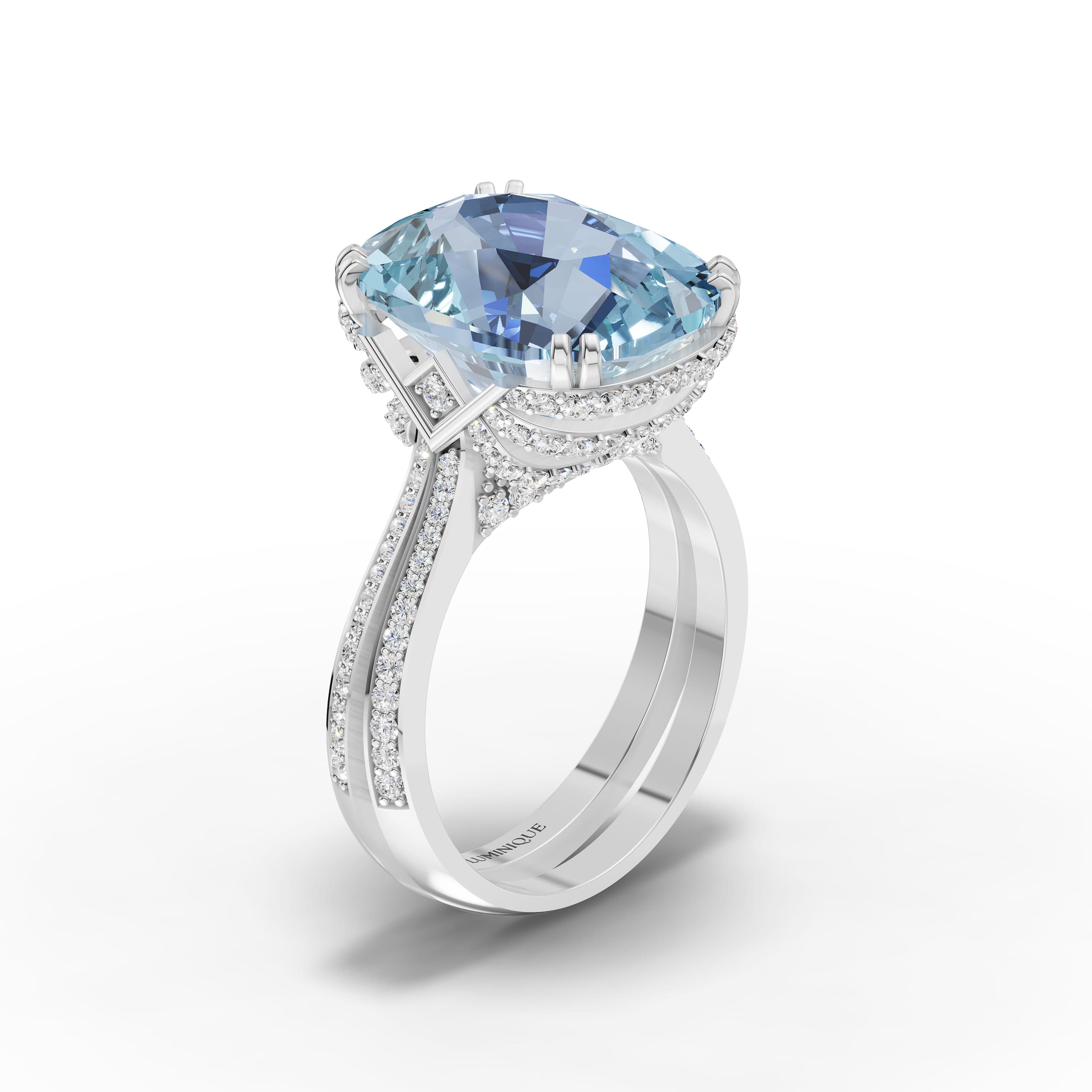 Vianne Cushion Statement Ring in white gold with lab grown diamonds and aquamarine, view 3