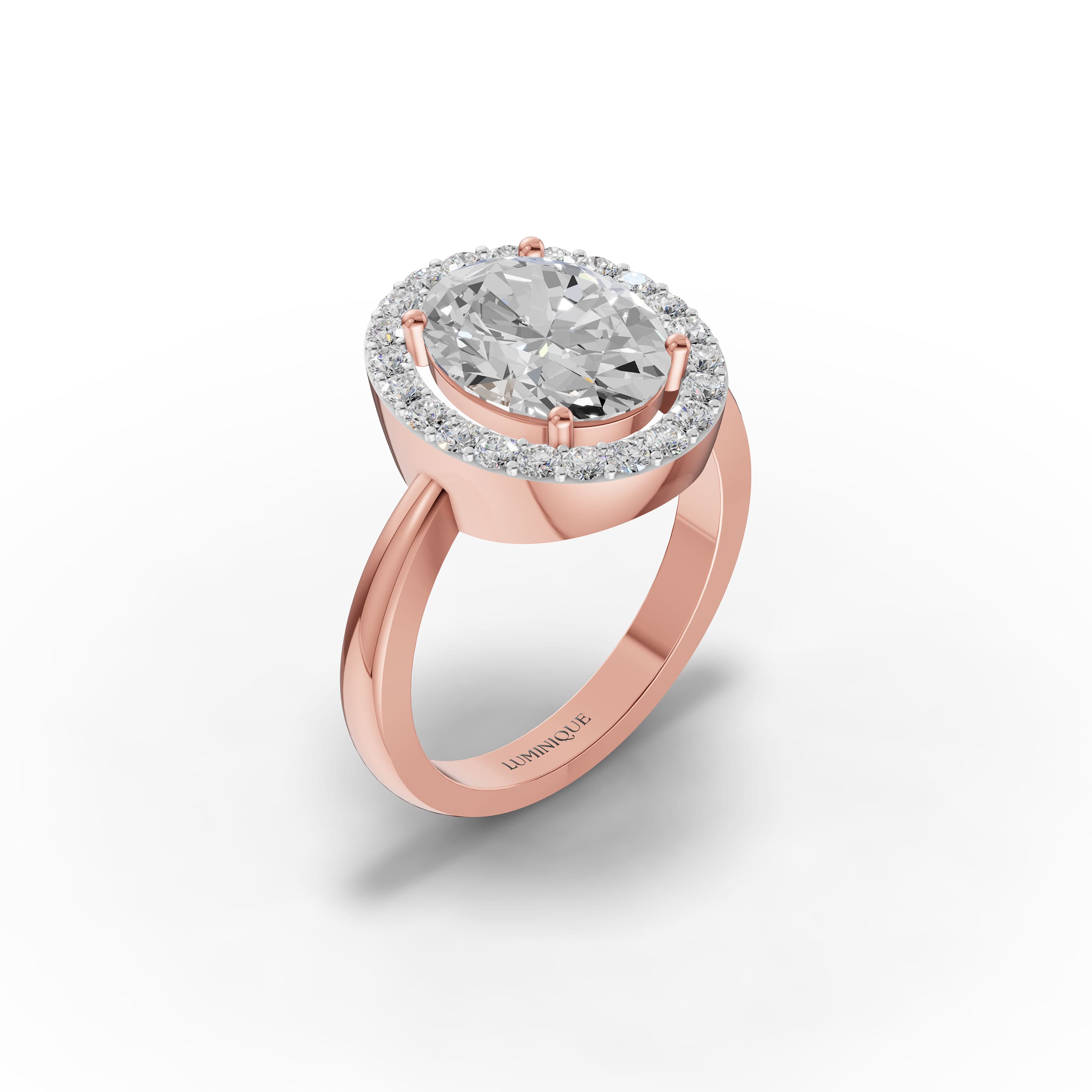 Emmeline Oval Halo Ring in rose gold with lab grown diamonds, view 3